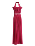 Hanging neck ruffled strapless high waisted pleated wide leg pants