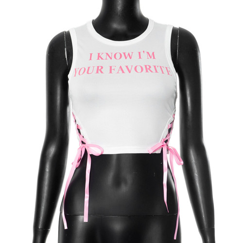 Color blocking letter printed strap vest top