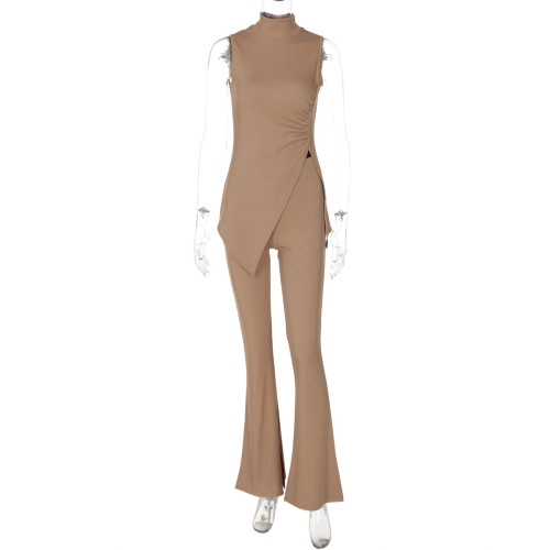 Sleeveless high neck split top and pants two-piece set