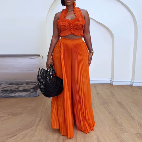 Hanging neck ruffled strapless high waisted pleated wide leg pants