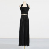 Hanging neck ruffled strapless high waisted pleated wide leg pants