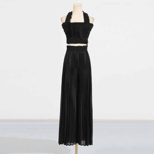Hanging neck ruffled strapless high waisted pleated wide leg pants