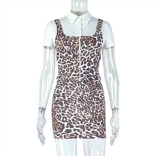 Leopard print hip skirt set with patchwork top and short skirt two-piece set