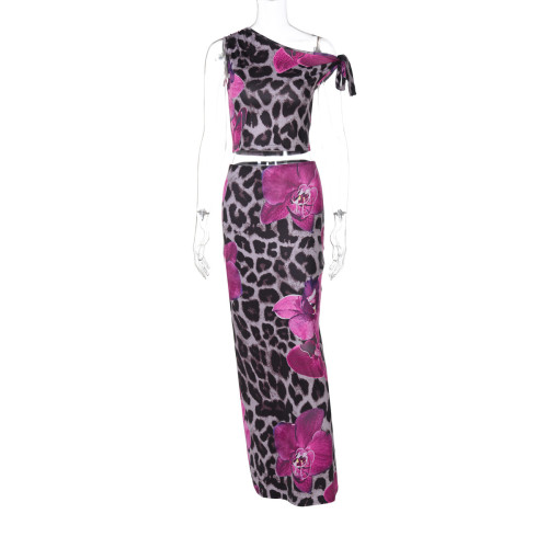 Printed diagonal collar top, hip hugging skirt, two piece set