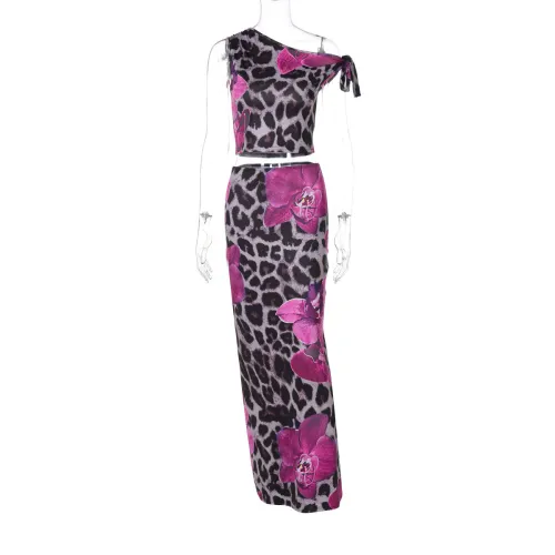 Printed diagonal collar top, hip hugging skirt, two piece set