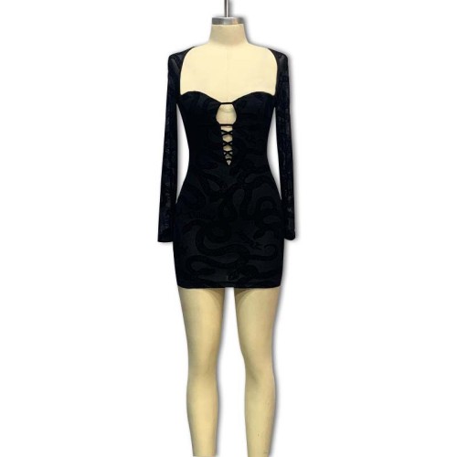 Long sleeved hip hugging short skirt, plush lace see through dress