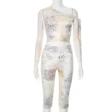 Slant collar strap off shoulder leopard print navel tight five point set
