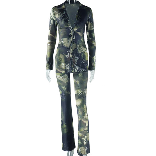 Printed shirt collar breasted top and pants two-piece set