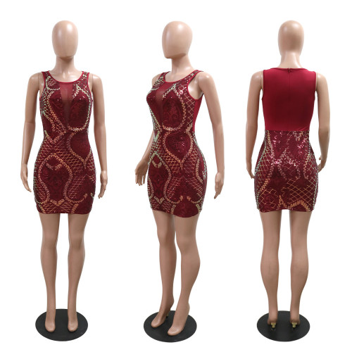Tight round neck sequined hip hugging dress