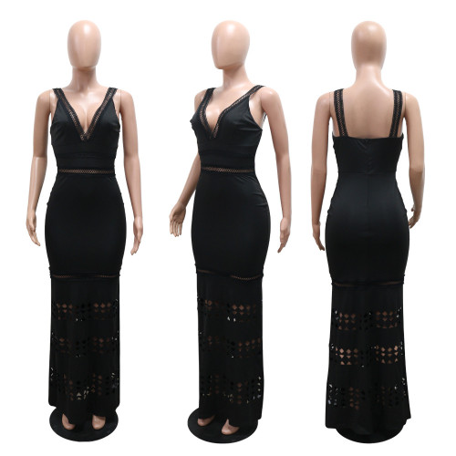 V-neck buttock burning flower hollow buttock dress