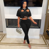 Round neck perforated short T-shirt two-piece set