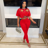 Round neck perforated short T-shirt two-piece set
