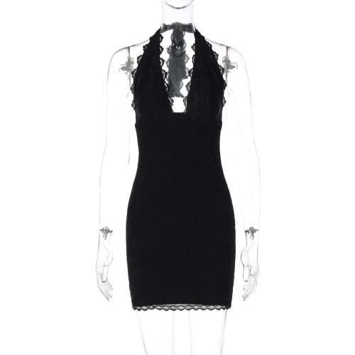 Lace lace backless lace up dress with wrapped buttocks