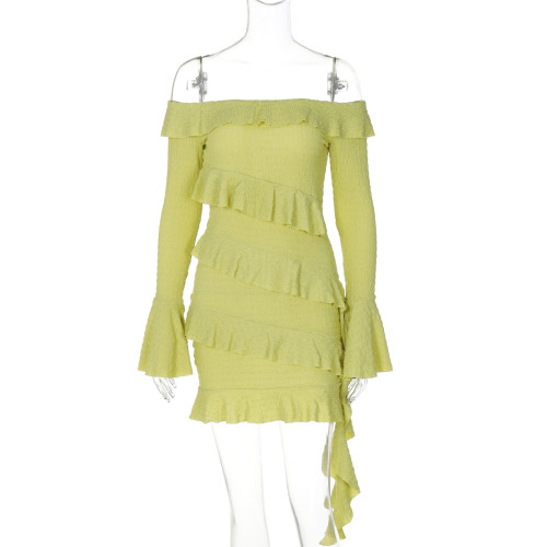 One shoulder lotus leaf edge flared sleeve ribbon dress D4716848A
