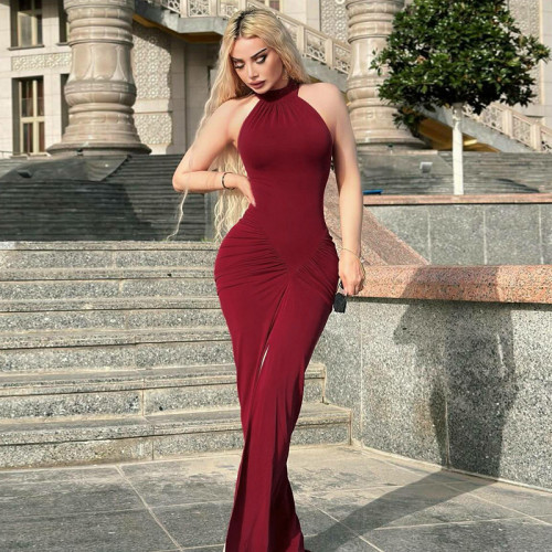 Back zipper pleated sleeveless dress D5318600A