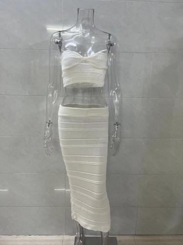 Hollow out perspective strapless top, hip hugging long skirt two-piece set JP835