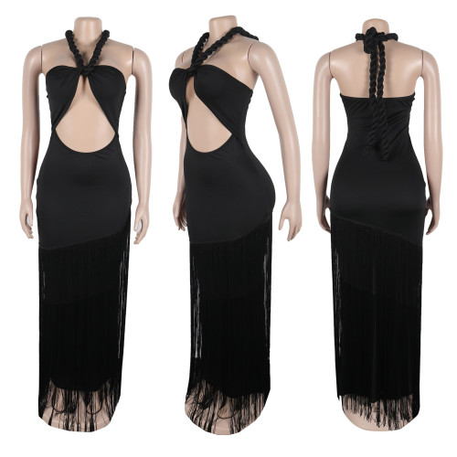 Hollow out sleeveless neck hanging tight fringe jumpsuit long skirt A7526