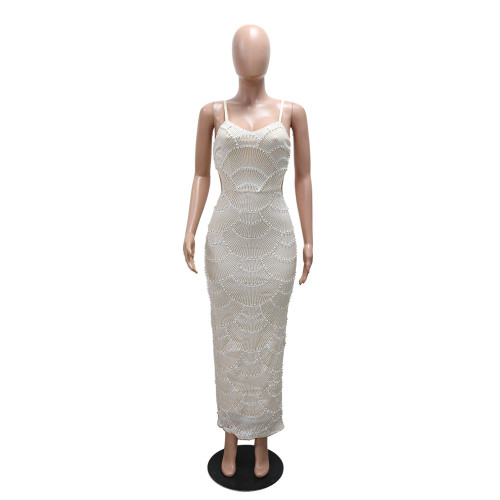 Sequin nail bead suspender long slit dress CY901681