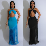 Hollow out sleeveless neck hanging tight fringe jumpsuit long skirt A7526