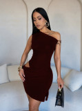 Waist cinched slanted collar hollow metal hip wrapped short skirt dress XS-L45354