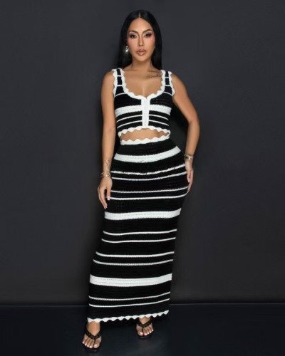 Striped knit vest top, high waist contrasting half skirt two-piece set MAR226