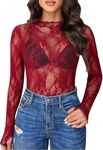 Long sleeved transparent shirt with see through lace top Q797101127335