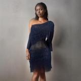 Slanted shoulder single sleeve tassel knitted see through hip hugging dress