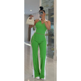 Splicing contrasting color V-neck zipper sleeveless split pants two-piece set