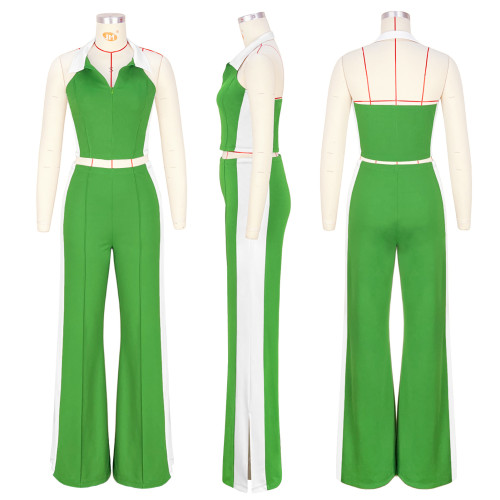 Splicing contrasting color V-neck zipper sleeveless split pants two-piece set