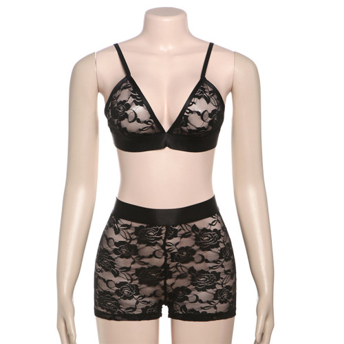 Deep V-mesh see through bikini shorts set