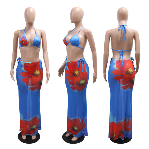 Printed bikini swimsuit three piece set