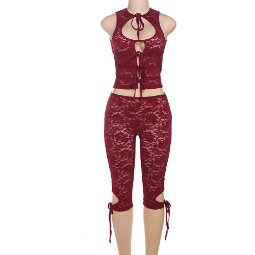 Low cut lace patchwork shorts set with lace straps