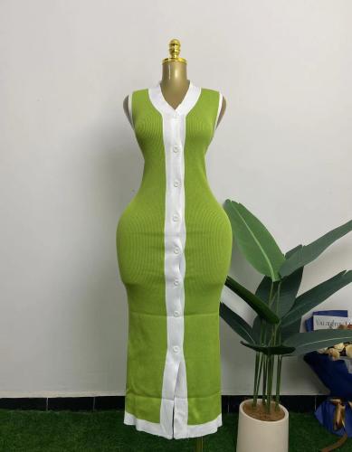 Color blocked threaded single breasted V-neck sleeveless elastic knit mid length dress