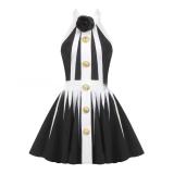 Hanging neck vest skirt, waist cinched sleeveless knitted jacquard dress