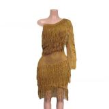 Slanted shoulder single sleeve tassel knitted see through hip hugging dress