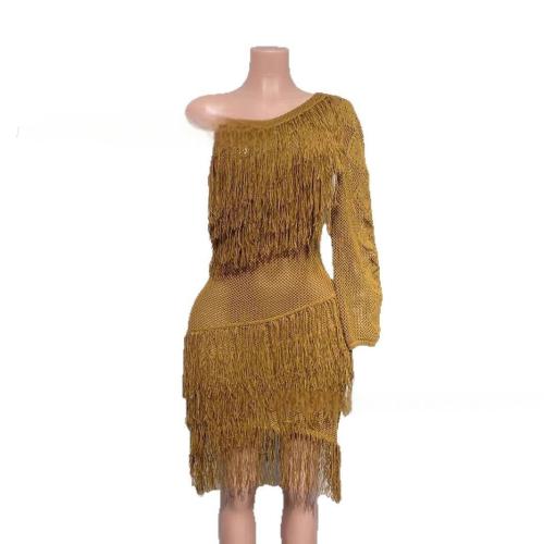 Slanted shoulder single sleeve tassel knitted see through hip hugging dress
