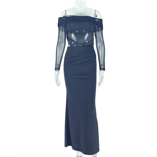 Irregular hip hugging one step skirt with a straight collar and long sleeves, shoulder length dress