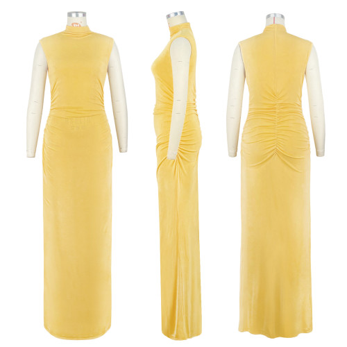 Half high neck pleated sleeveless high stretch long dress
