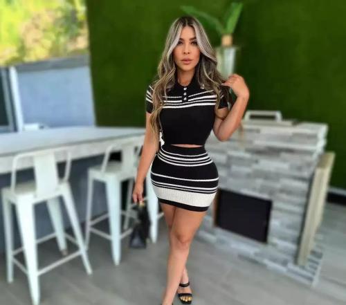 Collar striped knitted shirt short sleeved half open chest pullover top