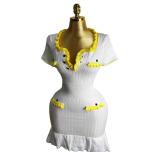 French ruffled short sleeved knitted dress with buttons and fake pockets