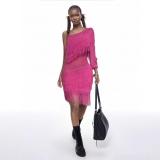 Slanted shoulder single sleeve tassel knitted see through hip hugging dress