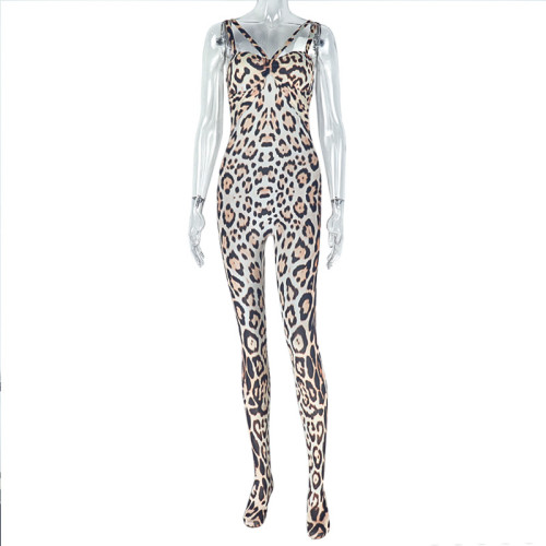 Printed leopard print slim fit hip hugging jumpsuit sleeveless camisole jumpsuit
