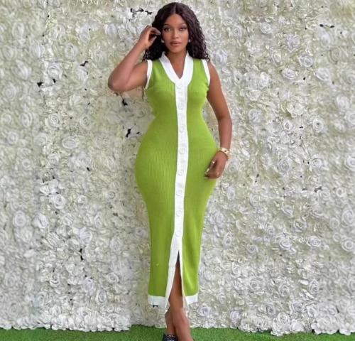 Color blocked threaded single breasted V-neck sleeveless elastic knit mid length dress