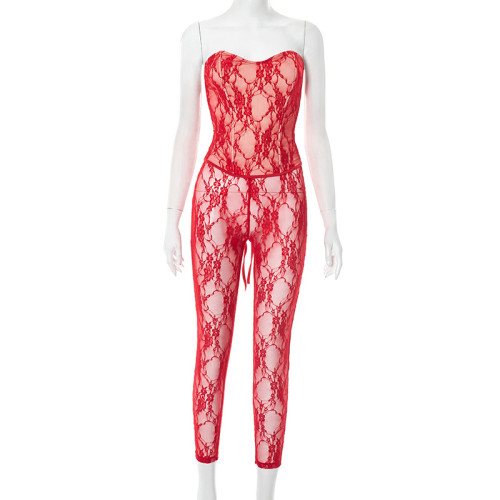 Lace Perspective Chest Wrapping Top and Hip Lifting Pants Two Piece Set