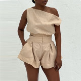 Two piece set of high waisted wide leg shorts with a one collar off the shoulder shirt