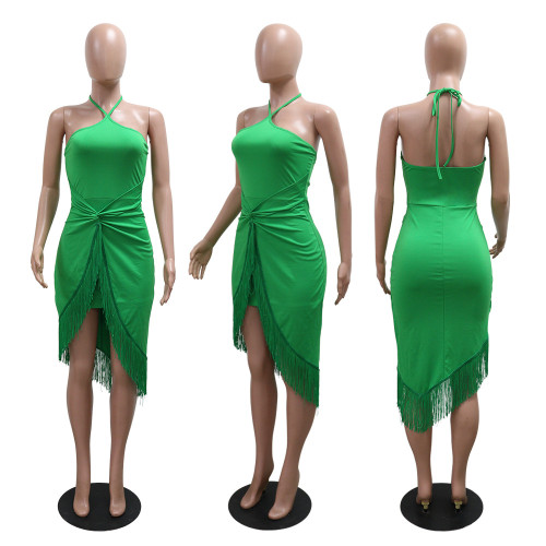 Sleeveless lace up tight fitting hip hugging fringe jumpsuit