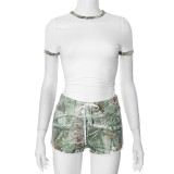 Printed contrasting color pullover drawstring short set