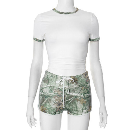 Printed contrasting color pullover drawstring short set