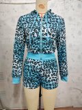Leopard print hooded sweatshirt set with exposed navel
