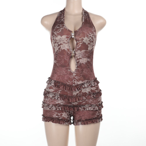 Black fungus edge hollow hanging neck jumpsuit